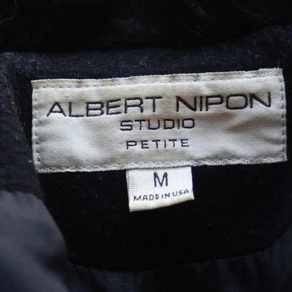 Vintage 80's Albert Nipon Black Coat, Faux Fur Trim, Wool Med Petite - Picture 5 of 6